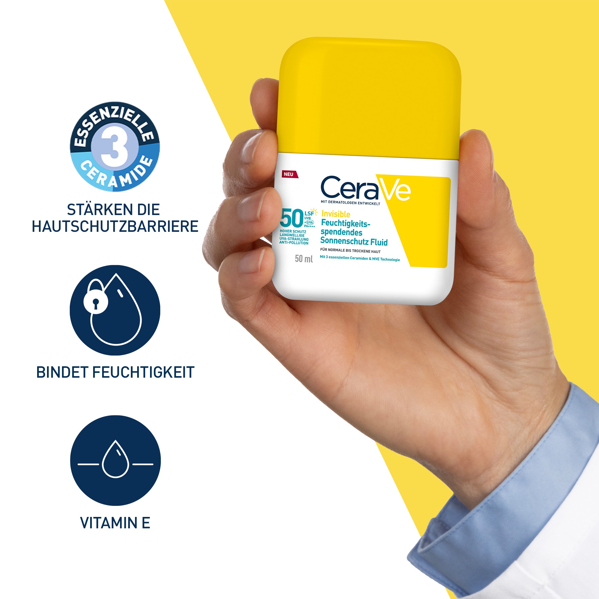 CeraVe Invisible Sonnenschutz Fluid LSF 50. Hand hält Flasche. Text: Bindet Feuchtigkeit, Vitamin E.